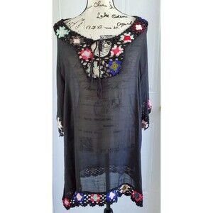 Beach Bathing suit Cover Up Black Crochet Trimming Boho Beach By Exist Sz Small